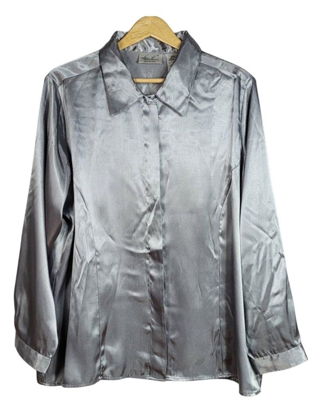 Kathie Lee Womens Satin Top Silver 18W 20W Button Front Long Sleeve Retro Party